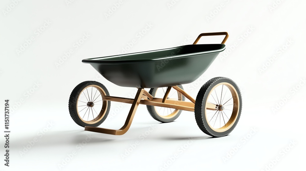 A green wheelbarrow with a wooden handle and wheels, isolated on a white background. A green wheelbarrow with a wooden handle and wheels, isolated on a white background.