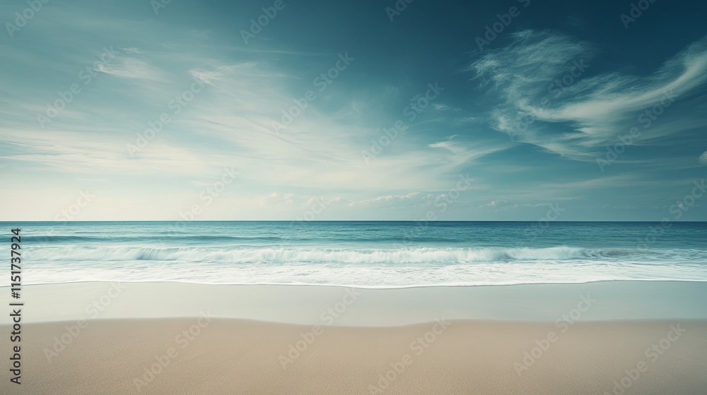 Fototapeta premium A serene and picturesque beach landscape unfolds with gentle waves lapping at the shore beneath a clear sky, all set against the backdrop of a tropical paradise during the enchanting late afternoon