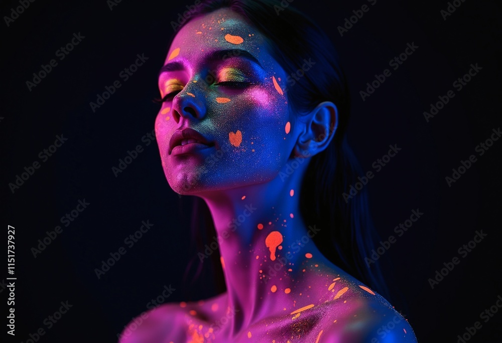 A woman covered in splashes of neon, fluorescent paint that glows vividly under UV blacklight A woman covered in splashes of neon, fluorescent paint that glows vividly under UV blacklight