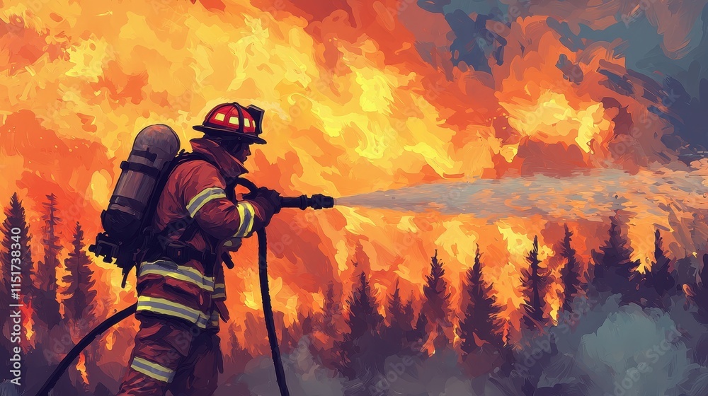 Fototapeta premium A firefighter battles a raging wildfire, spraying water to combat the intense flames engulfing the forest.