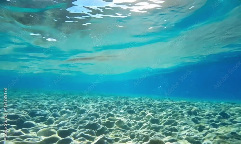 Underwater view with ocean waves flowing in the clear blue water Underwater view with ocean waves flowing in the clear blue water