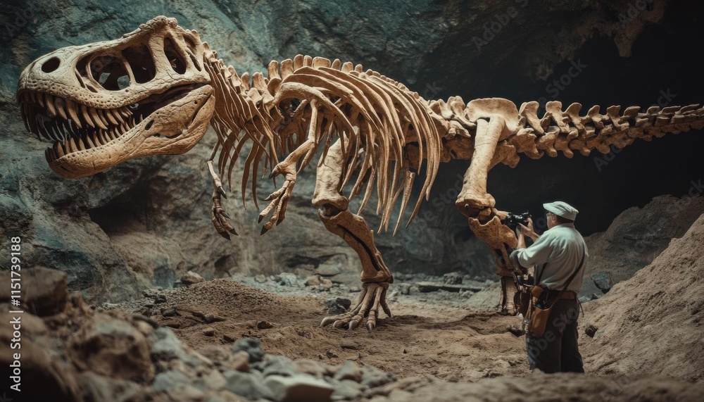 Dramatic depiction of a paleontologist discovering a complete dinosaur skeleton in an underground cave Dramatic depiction of a paleontologist discovering a complete dinosaur skeleton in an underground cave