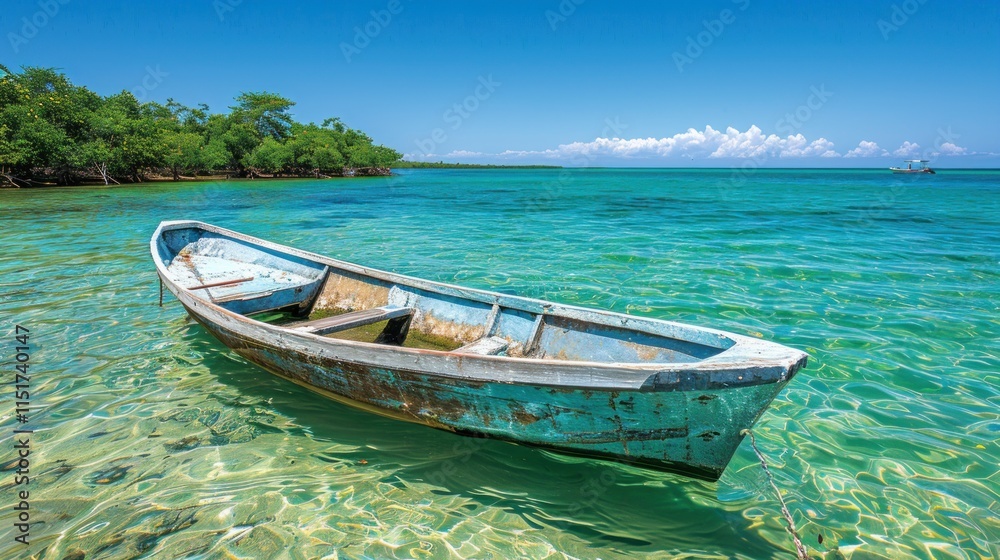 Old rowboat floats in shallow turquoise water with lush trees under blue sky. Old rowboat floats in shallow turquoise water with lush trees under blue sky.