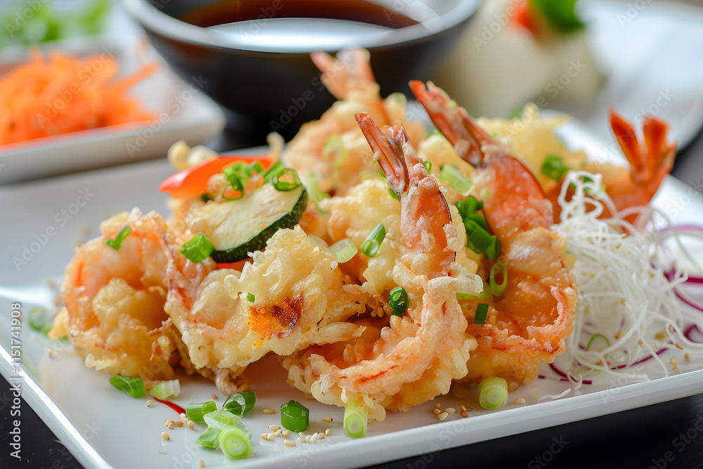 Crispy Tempura with shrimp, sweet potato, and zucchini, served with sauce and sea salt Crispy Tempura with shrimp, sweet potato, and zucchini, served with sauce and sea salt