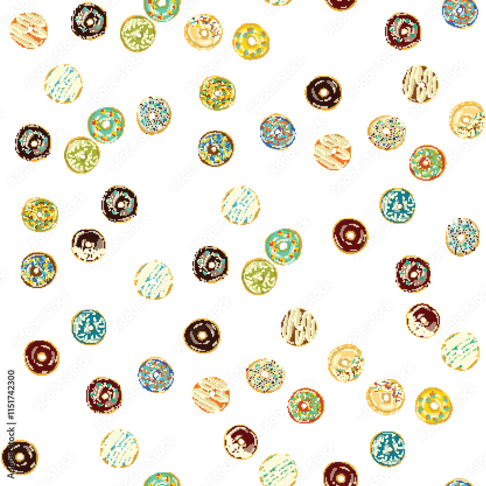 A seamless pattern of donuts with various toppings on a white background, perfect for cake decorating supply designs. A seamless pattern of donuts with various toppings on a white background, perfect for cake decorating supply designs.
