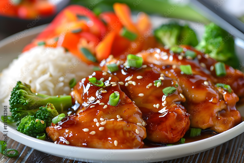 Savory glazed teriyaki chicken with sesame seeds and green onions over steamed rice Savory glazed teriyaki chicken with sesame seeds and green onions over steamed rice