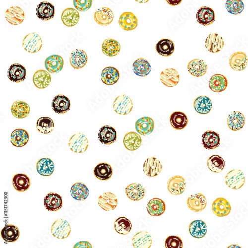 A seamless pattern of donuts with various toppings on a white background, perfect for cake decorating supply designs.