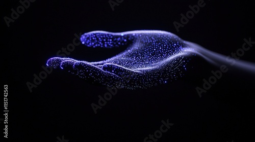 Glowing digital hand offering, open palm, dark background.
