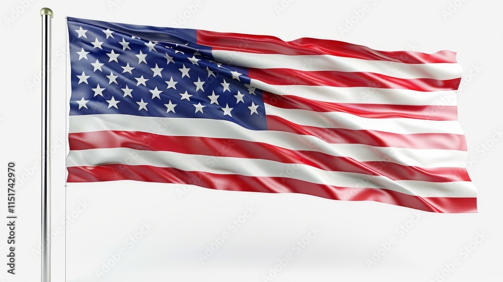 Fototapeta premium The United States flag flutters on a white background, flaunting its distinctive red, white, and blue colors, symbolizing freedom, unity, and national identity.