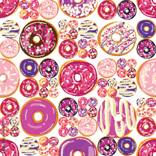 A seamless pattern of donuts with various pink purple and violet toppings on a white background, perfect for cake decorating supply designs.