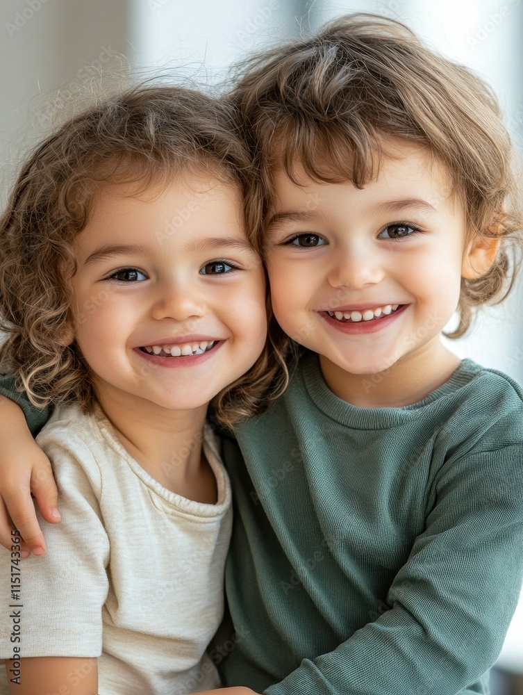Smiling Children Embracing in Bright Indoor Setting with Joyful Expressions Smiling Children Embracing in Bright Indoor Setting with Joyful Expressions
