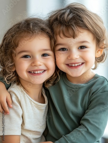 Smiling Children Embracing in Bright Indoor Setting with Joyful Expressions