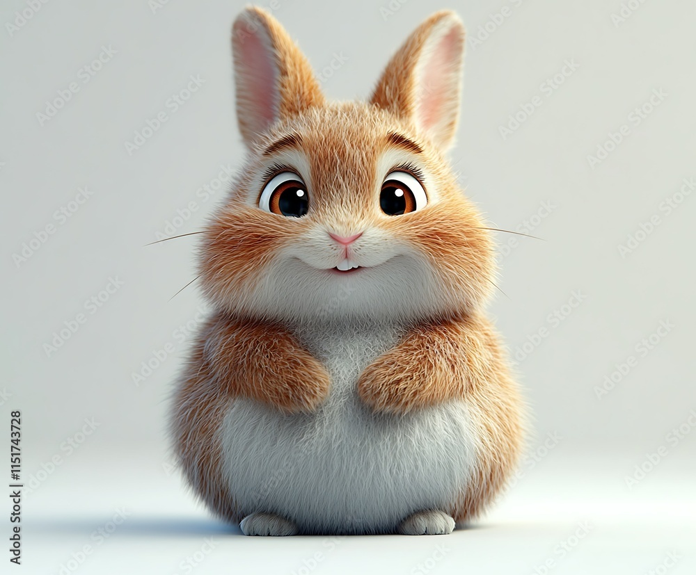 Obraz premium Adorable cartoon bunny rabbit with big eyes and fluffy fur, sitting and smiling.