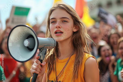 Young activist delivers powerful speech using megaphone during protest rally for change photo