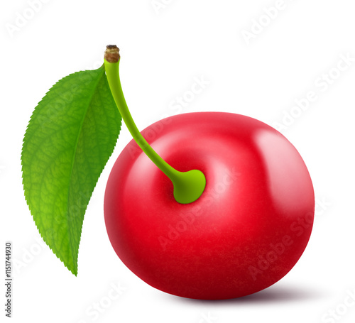 Ripe cherry with a leaf isolated on a white background. Raw red cherry berry, realistic 3d vector illustration. Ripe of berries, glistening with vibrant hues.