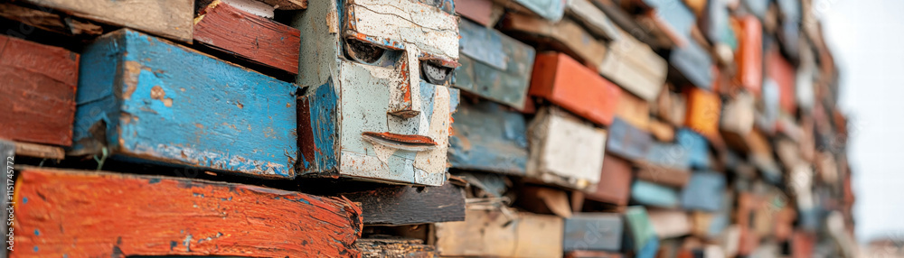 Recycle conservation renewal sustainability concept. Artistic stack of colorful wooden blocks resembling faces, creating a unique visual effect. Recycle conservation renewal sustainability concept. Artistic stack of colorful wooden blocks resembling faces, creating a unique visual effect.
