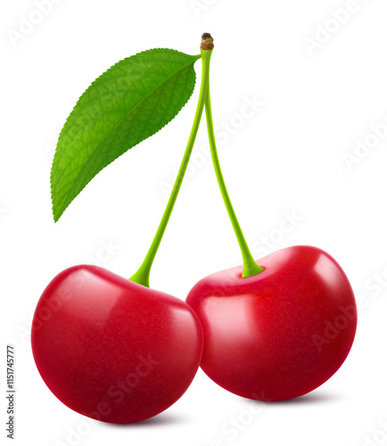 Ripe cherries with leaves isolated on a white background. Whole red cherry and half cherry with pit, realistic 3d vector illustration. Ripe of berries, glistening with vibrant hues.