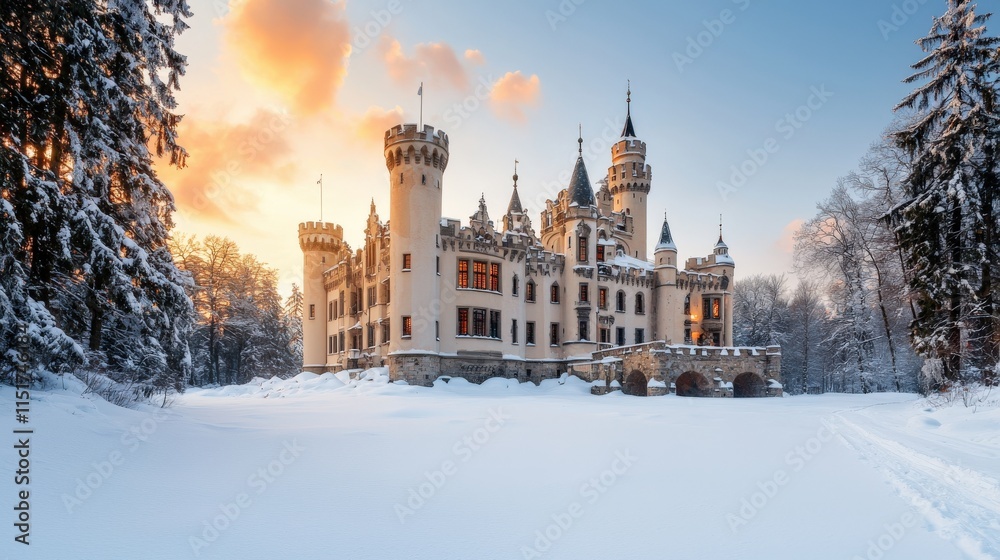 Obraz premium A majestic castle surrounded by snow-covered landscape, bathed in warm sunset hues, evoking a fairytale atmosphere.