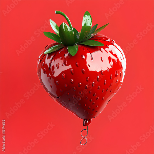 A shiny, realistic strawberry-shaped balloon with green leaves on top, floating against a solid red background, highly detailed, vibrant colors, glossy surface, whimsical and playful