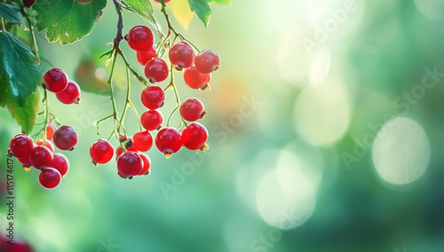 Red berries of hawthorn tree, close-up on blurred background. Fine red fruit with green leaves in nature. photo