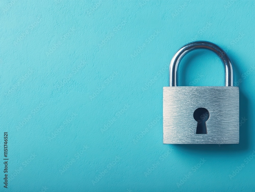 Fototapeta premium A close-up of a metallic padlock resting on a vibrant blue background, symbolizing security and protection.