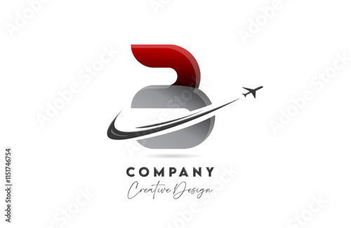 B red letter alphabet logo icon design with plane and swoosh suitable for an air or aerospace travel business or company
