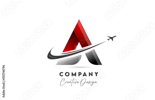 A red letter alphabet logo icon design with plane and swoosh suitable for an air or aerospace travel business or company