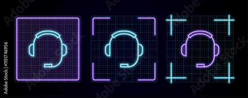 Headset icon illustration, cyber neon visual, glowing border grid vector.
