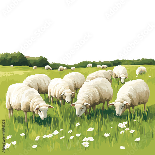 Sheep Grazing in a Peaceful Meadow