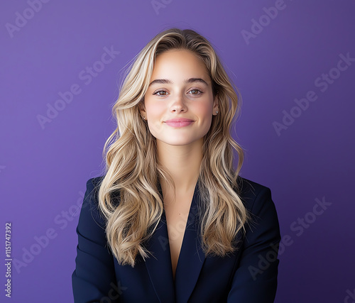 A confident young woman with long, wavy hair in a formal suit poses against a vibrant purple backdrop, exuding a professional and poised demeanor. photo