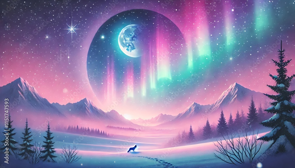 Fototapeta premium Magical Winter Night with Vibrant Pink and Purple Auroras and a Lone Wolf Beneath Starry Skies