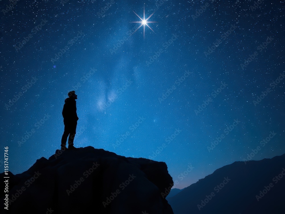 Obraz premium Lone individual gazing at stars in silhouette against night sky, sky, stars, stargazing, contemplation