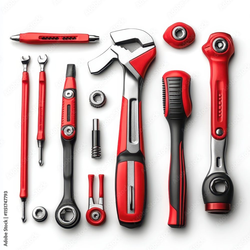 A collection of red and silver tools, including wrenches, sockets, and ratchets, arranged neatly on a surface. A collection of red and silver tools, including wrenches, sockets, and ratchets, arranged neatly on a surface.