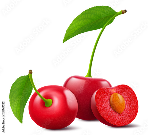 Ripe cherries with leaves isolated on a white background. Whole red cherry and half cherry with pit, realistic 3d vector illustration. Ripe of berries, glistening with vibrant hues.