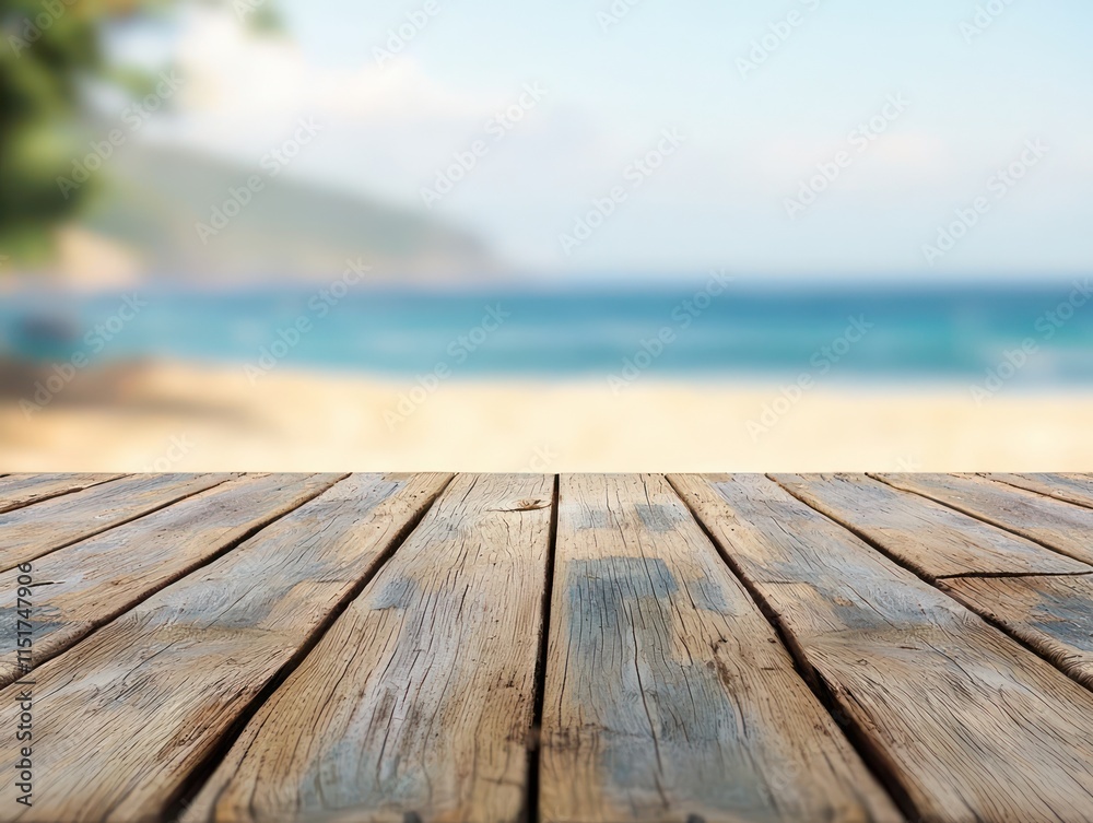 Empty Wooden Planks Overlooking a Blurred Beach and Sea Background Empty Wooden Planks Overlooking a Blurred Beach and Sea Background