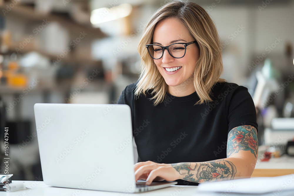 Confident professional woman with tattoos and glasses working on a laptop in a modern office setting. Bright and motivating work environment.