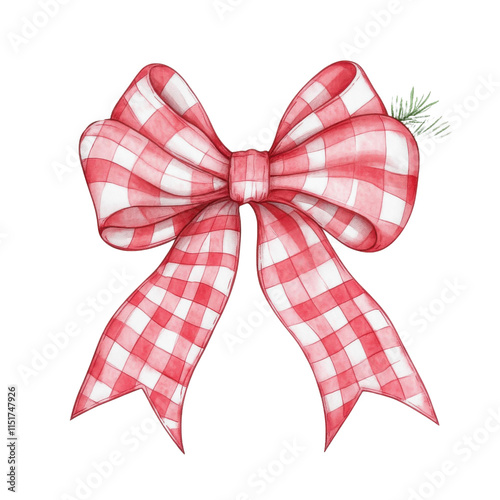 Red gingham Christmas bow with festive greenery, hand painted in watercolor style