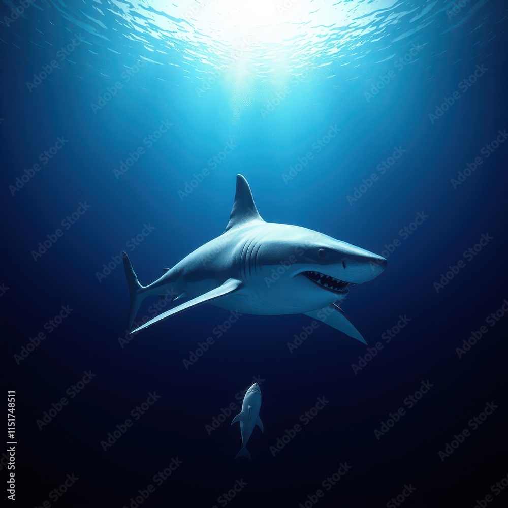 Fototapeta premium Silhouette of a great white shark approaching on a hunt, stealth, lethal