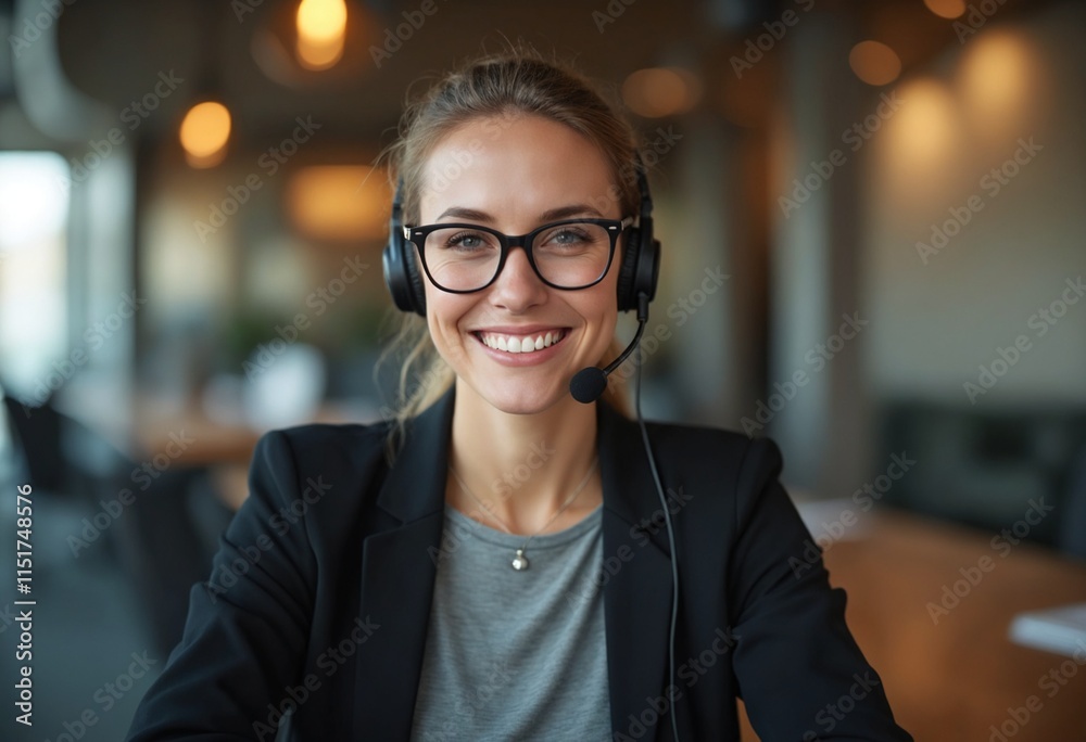 A woman in a professional setting, smiling warmly, wearing a headset with a microphone A woman in a professional setting, smiling warmly, wearing a headset with a microphone