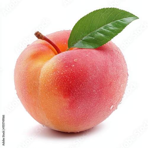 Fresh Peach with Leaf and Water Droplets
