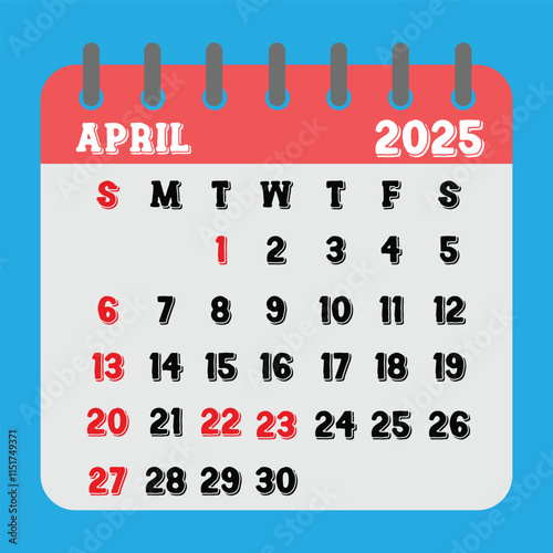 Letter calendar for April 2025. The week begins on Sunday. Time, planning, schedule holidays and observances concept 