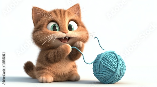A cute cartoon cat with big eyes and a happy expression, playing with a ball of blue yarn.