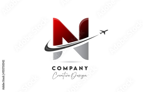 N red letter alphabet logo icon design with plane and swoosh suitable for an air or aerospace travel business or company