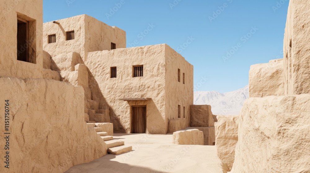 A desert village features textured adobe structures under a clear blue sky, showcasing traditional architecture and a serene landscape. A desert village features textured adobe structures under a clear blue sky, showcasing traditional architecture and a serene landscape.