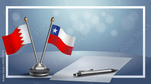 Bahrain and Chile National flags on small table with bokeh background, cooperative relationship