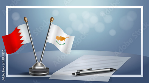 Bahrain and Cyprus National flags on small table with bokeh background, cooperative relationship