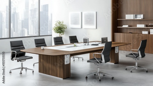 Modern Conference Room Interior Design: Sleek Walnut Table and Ergonomic Chairs