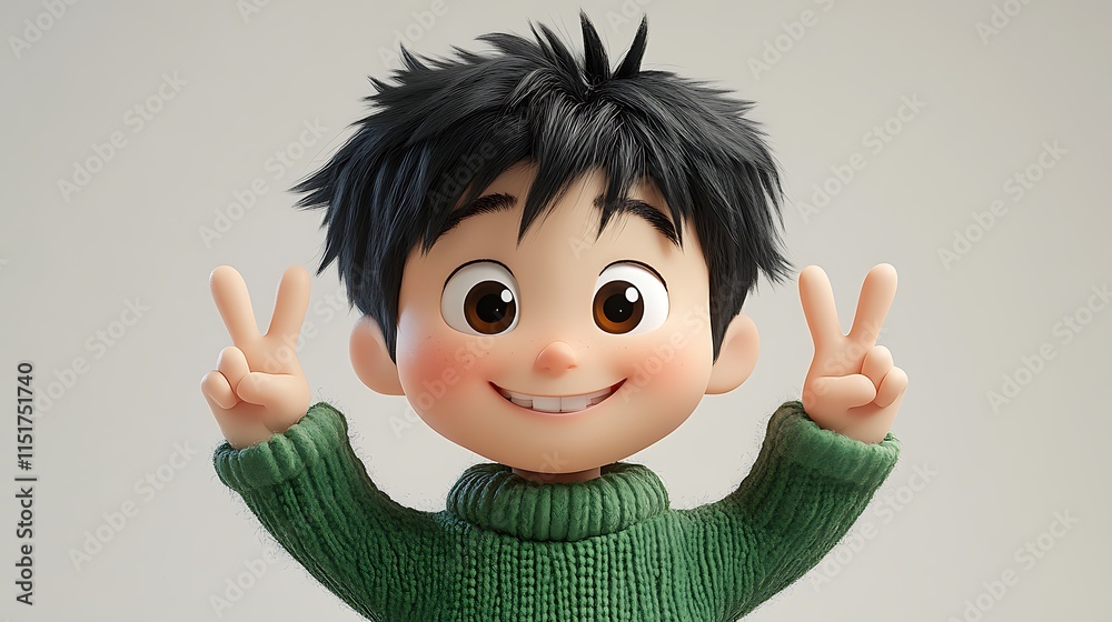 Cheerful cartoon boy making peace signs digital art studio fun Cheerful cartoon boy making peace signs digital art studio fun