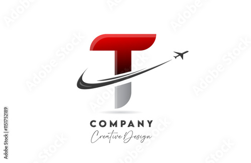 T red letter alphabet logo icon design with plane and swoosh suitable for an air or aerospace travel business or company