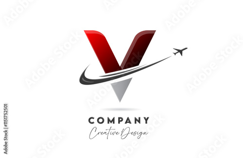 V red letter alphabet logo icon design with plane and swoosh suitable for an air or aerospace travel business or company